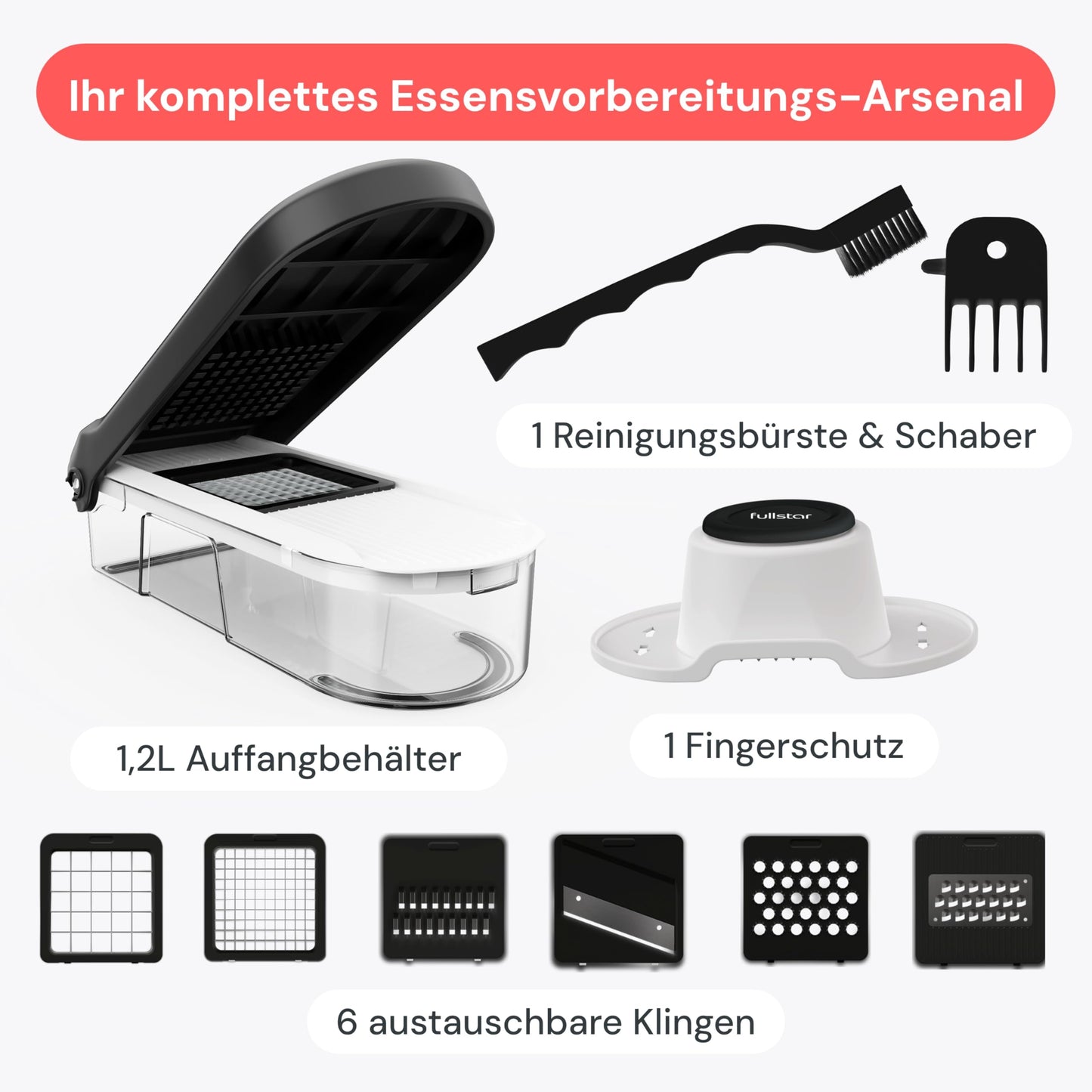 Fullstar Gemüseschneider und Mandoline Gemüsehobel - Julienne- und Würfelschneider für Gurken Zwiebeln Kartoffeln Früchte - Reibe für Gemüse Käse - Küchenzubehör Küchengeräte (6-in-1 Kompakt Weiß)