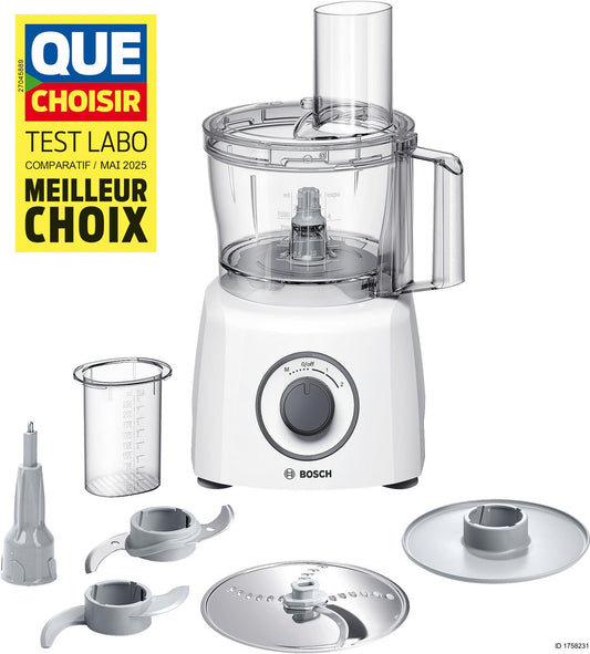 Bosch Kompakt-Küchenmaschine MultiTalent 3, 20 Funktionen, Rührschüssel 2,3 L, Universalmesser, Schneid-Raspel-Wendescheibe, Schlagscheibe (Sahne), Einfüllhilfe, Deckel, 800 W, weiß, MCM3100W