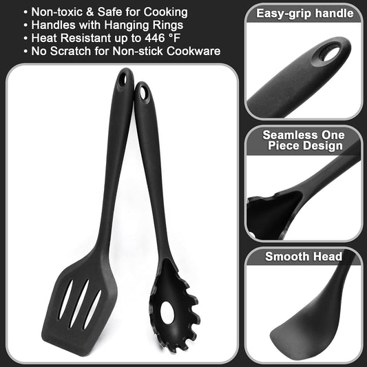 Wildone 15-teiliges Silikon Küchenutensilien-Set, Hitzebeständig, Spülmaschinenfest, Antihaftbeschichtet (Schwarz)