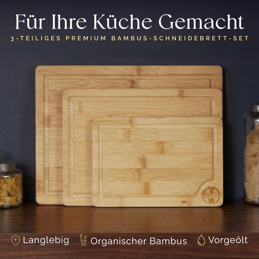 Deer & Oak Schneidebrett Holz Set 3-teiliges Vorgeölt Bambus Schneidebrett mit Griff & Saftrille, Küchenbrett, Schneidebretter Holz, Schneidbrett, Holzbrett Küche