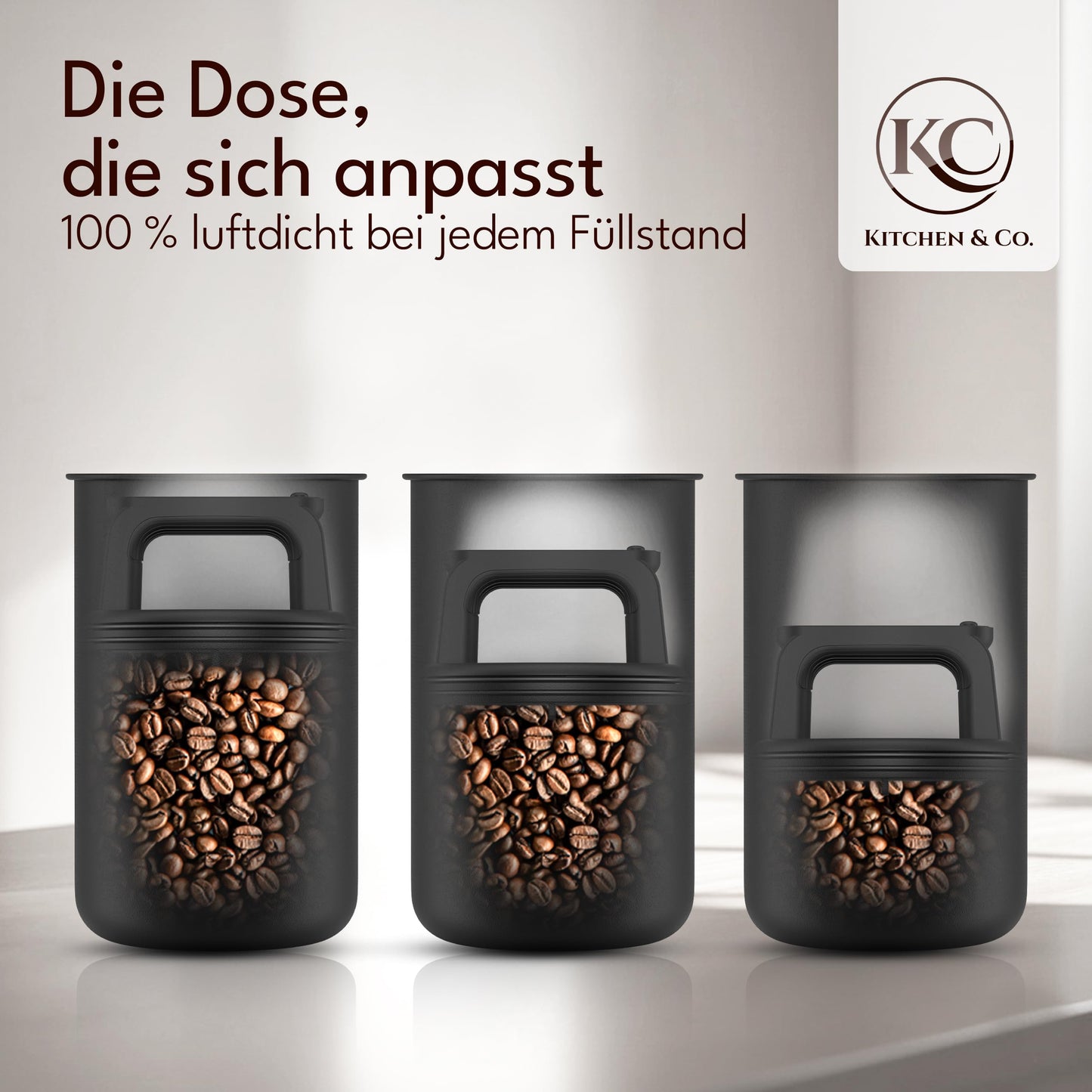 KC Kitchen & Co. Kaffeedose luftdicht für 1 kg Kaffeebohnen – Edelstahl Vorratsdose mit Vakuumdeckel & Aromaverschluss – Aufbewahrungsdose für Kaffee, Tee, Zucker, Müsli Schwarz Matt (2800 ml)