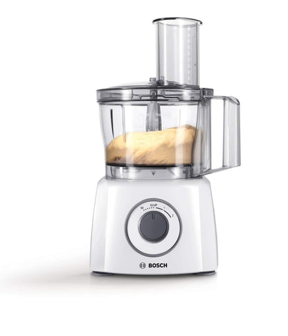 Bosch Kompakt-Küchenmaschine MultiTalent 3, 20 Funktionen, Rührschüssel 2,3 L, Universalmesser, Schneid-Raspel-Wendescheibe, Schlagscheibe (Sahne), Einfüllhilfe, Deckel, 800 W, weiß, MCM3100W