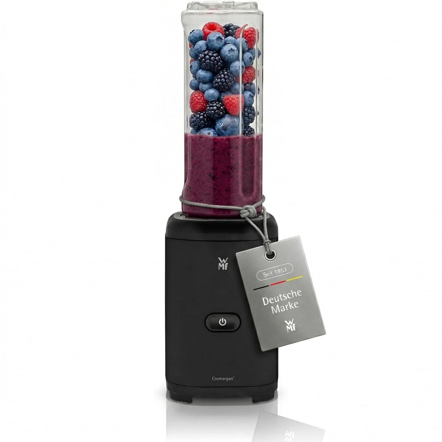 WMF Kult X Mix & Go – Smoothie Maker & Mixer, kompakter Standmixer 300 W mit 0,6 L Tritan-Flasche, 4 Edelstahlklingen, Sicherheitsabschaltung, Shake Mixer aus Cromargan Edelstahl, Deep Black
