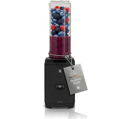 WMF Kult X Mix & Go – Smoothie Maker & Mixer, kompakter Standmixer 300 W mit 0,6 L Tritan-Flasche, 4 Edelstahlklingen, Sicherheitsabschaltung, Shake Mixer aus Cromargan Edelstahl, Deep Black