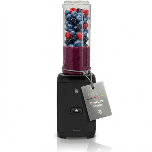 WMF Kult X Mix & Go – Smoothie Maker & Mixer, kompakter Standmixer 300 W mit 0,6 L Tritan-Flasche, 4 Edelstahlklingen, Sicherheitsabschaltung, Shake Mixer aus Cromargan Edelstahl, Deep Black