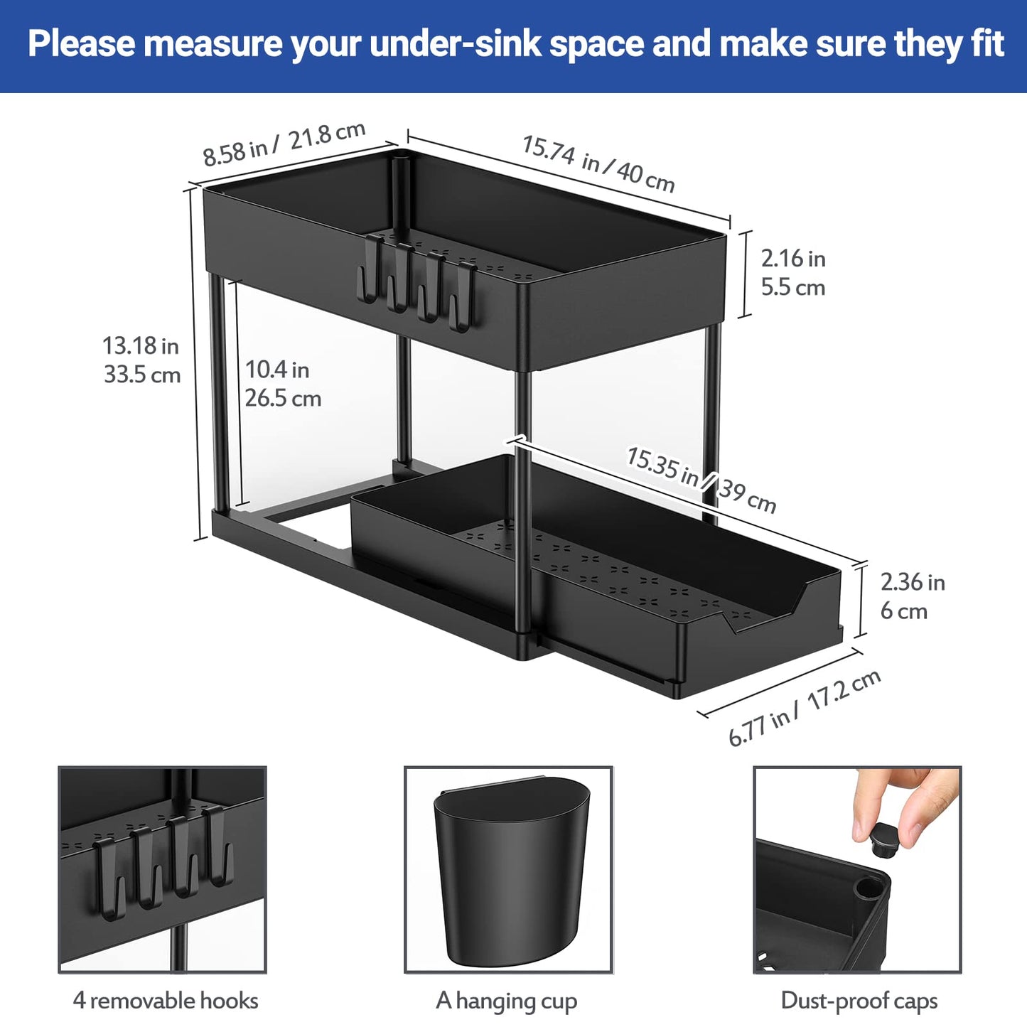 Puricon Unter Waschbecken Regal Spülschrank Organizer, 2 Etagen Standregal Küche Arbeitsplatte Regal Organizer, Mehrfunktional Küchenregal Gewürzregal Unterschrankregal Spülschrankregal -Schwarz