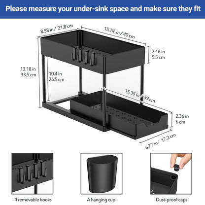 Puricon Unter Waschbecken Regal Spülschrank Organizer, 2 Etagen Standregal Küche Arbeitsplatte Regal Organizer, Mehrfunktional Küchenregal Gewürzregal Unterschrankregal Spülschrankregal -Schwarz