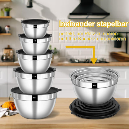 Terlulu Rührschüssel 5er Set, Edelstahl Schüssel Salatschüssel Set mit Luftdichtem Deckel, 3 Reibenaufsätzen, 4.5L,2.7L, 1.6L, 1.1L, 0.7L, Stapelbar & Spülmaschinenfest