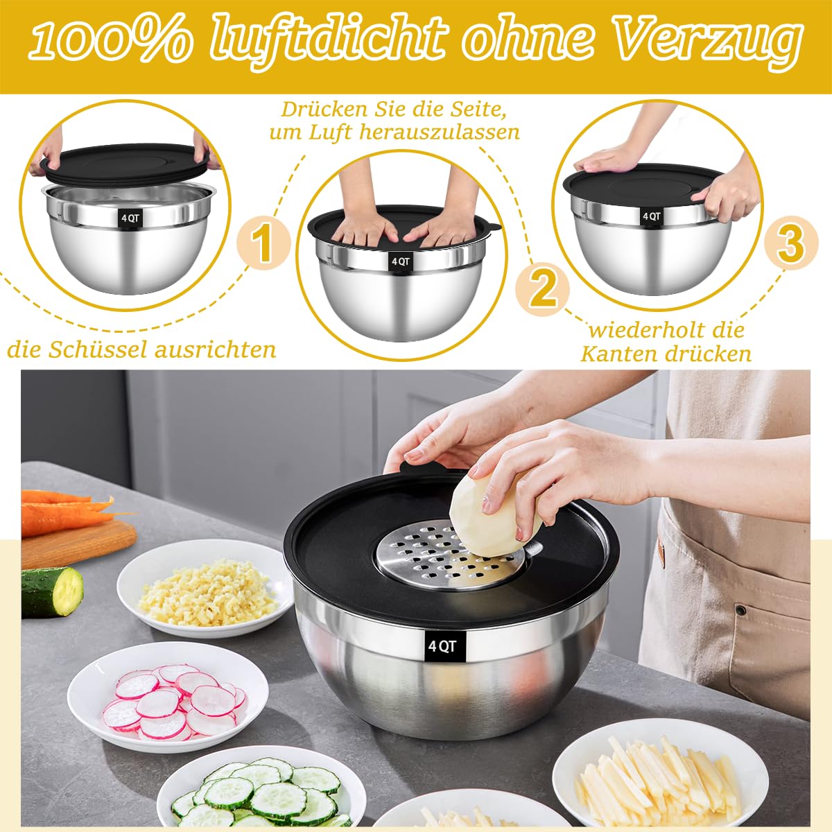 Terlulu Rührschüssel 5er Set, Edelstahl Schüssel Salatschüssel Set mit Luftdichtem Deckel, 3 Reibenaufsätzen, 4.5L,2.7L, 1.6L, 1.1L, 0.7L, Stapelbar & Spülmaschinenfest