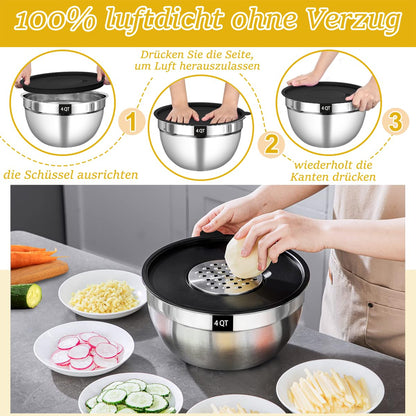 Terlulu Rührschüssel 5er Set, Edelstahl Schüssel Salatschüssel Set mit Luftdichtem Deckel, 3 Reibenaufsätzen, 4.5L,2.7L, 1.6L, 1.1L, 0.7L, Stapelbar & Spülmaschinenfest