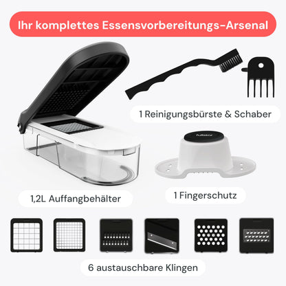 Fullstar Gemüseschneider und Mandoline Gemüsehobel - Julienne- und Würfelschneider für Gurken Zwiebeln Kartoffeln Früchte - Reibe für Gemüse Käse - Küchenzubehör Küchengeräte (6-in-1 Kompakt Weiß)