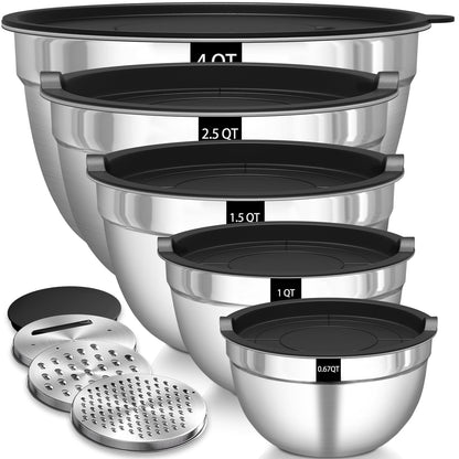 Terlulu Rührschüssel 5er Set, Edelstahl Schüssel Salatschüssel Set mit Luftdichtem Deckel, 3 Reibenaufsätzen, 4.5L,2.7L, 1.6L, 1.1L, 0.7L, Stapelbar & Spülmaschinenfest
