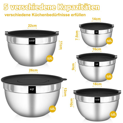 Terlulu Rührschüssel 5er Set, Edelstahl Schüssel Salatschüssel Set mit Luftdichtem Deckel, 3 Reibenaufsätzen, 4.5L,2.7L, 1.6L, 1.1L, 0.7L, Stapelbar & Spülmaschinenfest