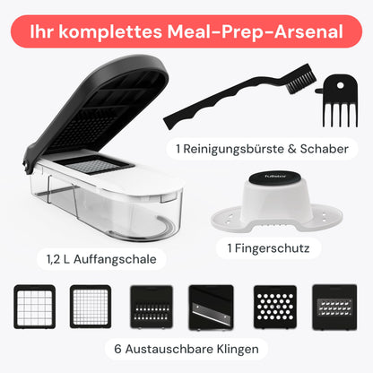 Fullstar Gemüseschneider und Mandoline Gemüsehobel - Julienne- und Würfelschneider für Gurken Zwiebeln Kartoffeln Früchte - Reibe für Gemüse Käse - Küchenzubehör Küchengeräte (6-in-1 Kompakt Weiß)