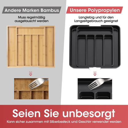 Aujen Besteckkasten für Schubladen -Abnehmbar Besteckeinsatz für Schubladen, Erweiterbar Praktischer Schubladeneinsatz, Effiziente und Vielseitiger Küchen Organizer, Schwarz, Mittel