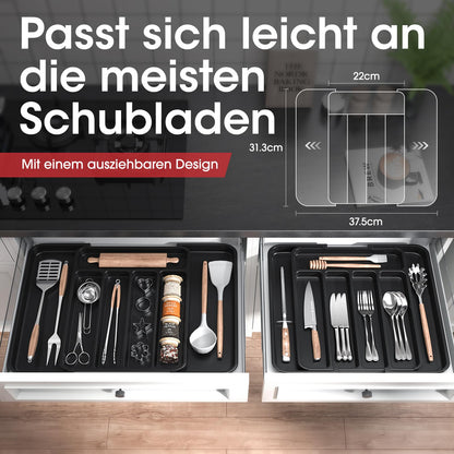 Aujen Besteckkasten für Schubladen -Abnehmbar Besteckeinsatz für Schubladen, Erweiterbar Praktischer Schubladeneinsatz, Effiziente und Vielseitiger Küchen Organizer, Schwarz, Mittel