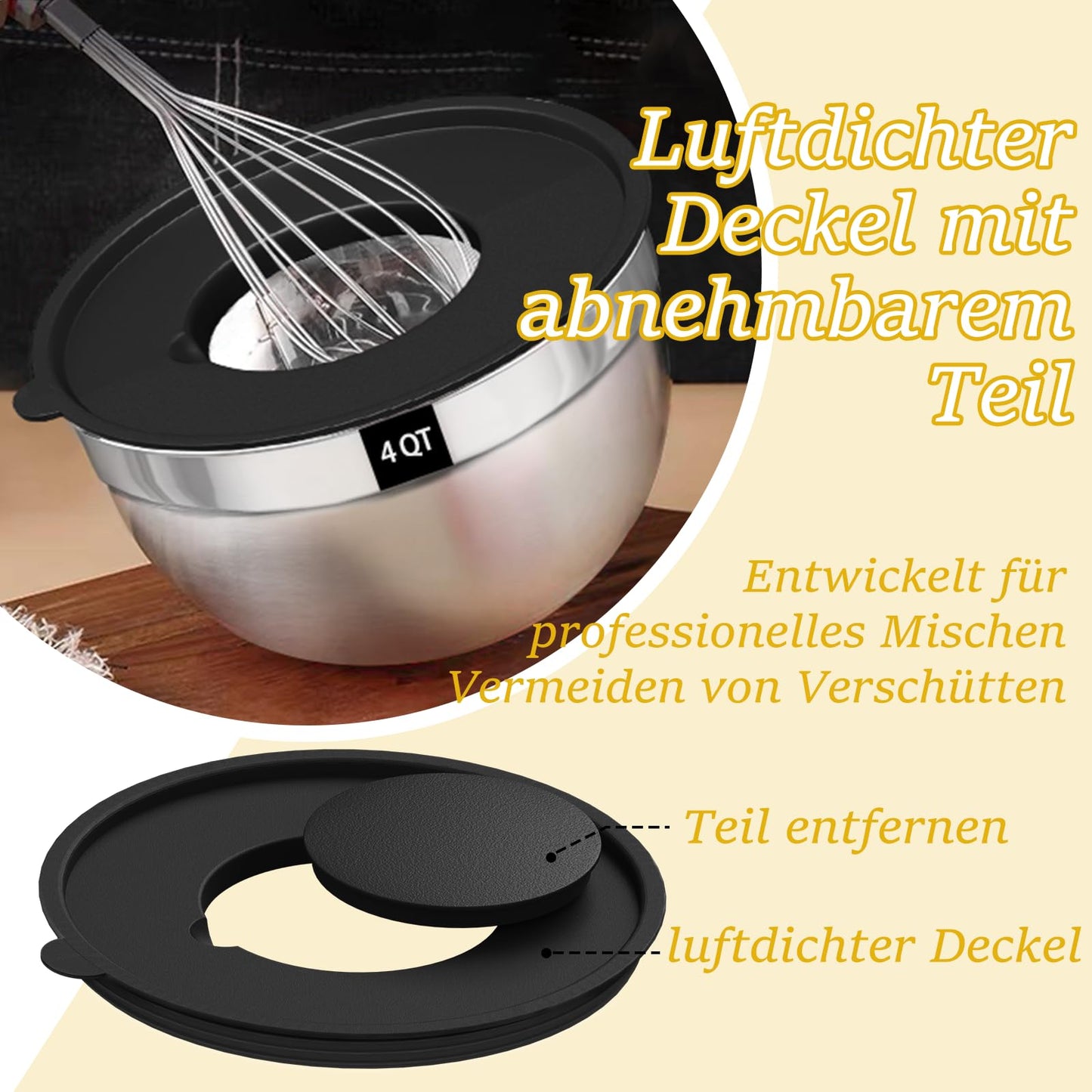 Terlulu Rührschüssel 5er Set, Edelstahl Schüssel Salatschüssel Set mit Luftdichtem Deckel, 3 Reibenaufsätzen, 4.5L,2.7L, 1.6L, 1.1L, 0.7L, Stapelbar & Spülmaschinenfest