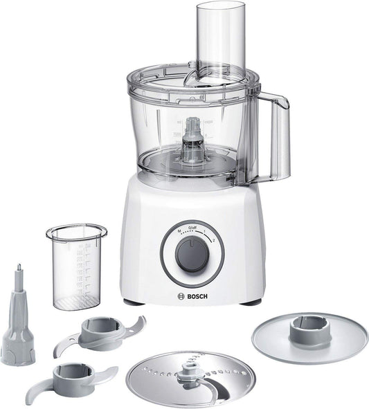 Bosch Kompakt-Küchenmaschine MultiTalent 3, 20 Funktionen, Rührschüssel 2,3 L, Universalmesser, Schneid-Raspel-Wendescheibe, Schlagscheibe (Sahne), Einfüllhilfe, Deckel, 800 W, weiß, MCM3100W