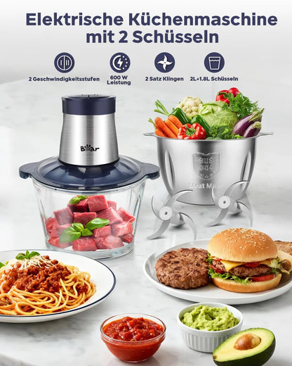 Bear 2L+1.8LFleischwölfe Zerkleinerer Elektrisch, Glas+Edelstahl，600W 2 Geschwindigkeit, Häcksler mit 4-Edelstahlklingen und Fleischwolf, Chopper für Fleisch,Babynahrung,Obst,Gemüse