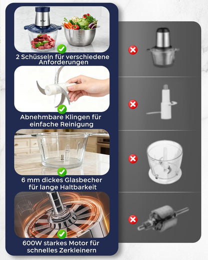Bear 2L+1.8LFleischwölfe Zerkleinerer Elektrisch, Glas+Edelstahl，600W 2 Geschwindigkeit, Häcksler mit 4-Edelstahlklingen und Fleischwolf, Chopper für Fleisch,Babynahrung,Obst,Gemüse