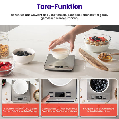 ETEKCITY Küchenwaage Digital - Edelstahl 304 - Lebensmittelgeeignete Waage Küche - Leicht zu Reinigen - Feinwaage mit Beleuchtetem LCD-Klare und gut Lesbare Kithchen Scale - 5 KG-1g - Edelstahl-Silber