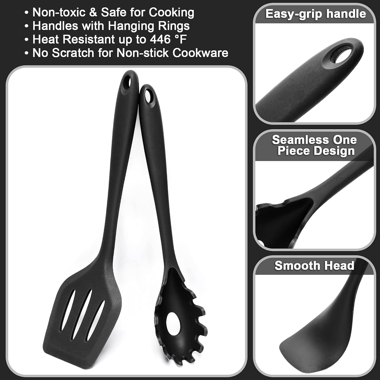 Wildone 15-teiliges Silikon Küchenutensilien-Set, Hitzebeständig, Spülmaschinenfest, Antihaftbeschichtet (Schwarz)