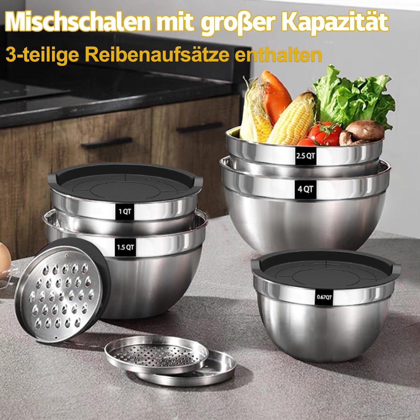 Terlulu Rührschüssel 5er Set, Edelstahl Schüssel Salatschüssel Set mit Luftdichtem Deckel, 3 Reibenaufsätzen, 4.5L,2.7L, 1.6L, 1.1L, 0.7L, Stapelbar & Spülmaschinenfest