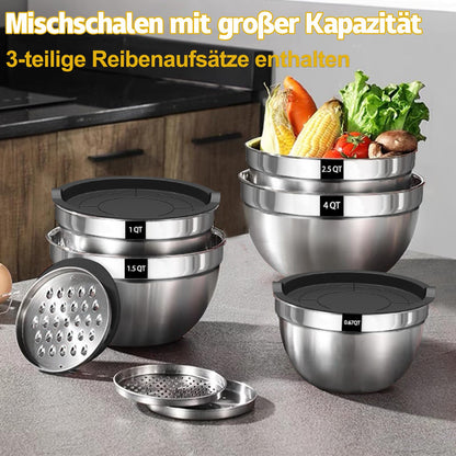 Terlulu Rührschüssel 5er Set, Edelstahl Schüssel Salatschüssel Set mit Luftdichtem Deckel, 3 Reibenaufsätzen, 4.5L,2.7L, 1.6L, 1.1L, 0.7L, Stapelbar & Spülmaschinenfest