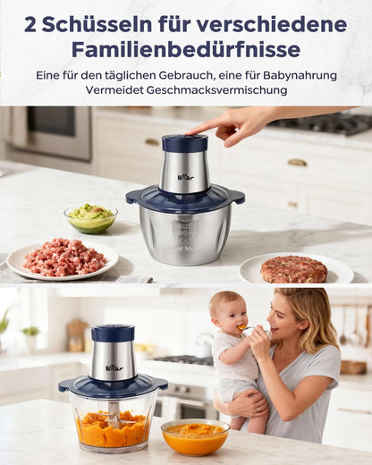 Bear 2L+1.8LFleischwölfe Zerkleinerer Elektrisch, Glas+Edelstahl，600W 2 Geschwindigkeit, Häcksler mit 4-Edelstahlklingen und Fleischwolf, Chopper für Fleisch,Babynahrung,Obst,Gemüse