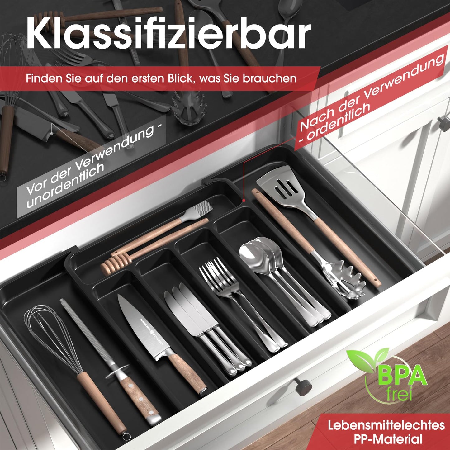 Aujen Besteckkasten für Schubladen -Abnehmbar Besteckeinsatz für Schubladen, Erweiterbar Praktischer Schubladeneinsatz, Effiziente und Vielseitiger Küchen Organizer, Schwarz, Mittel