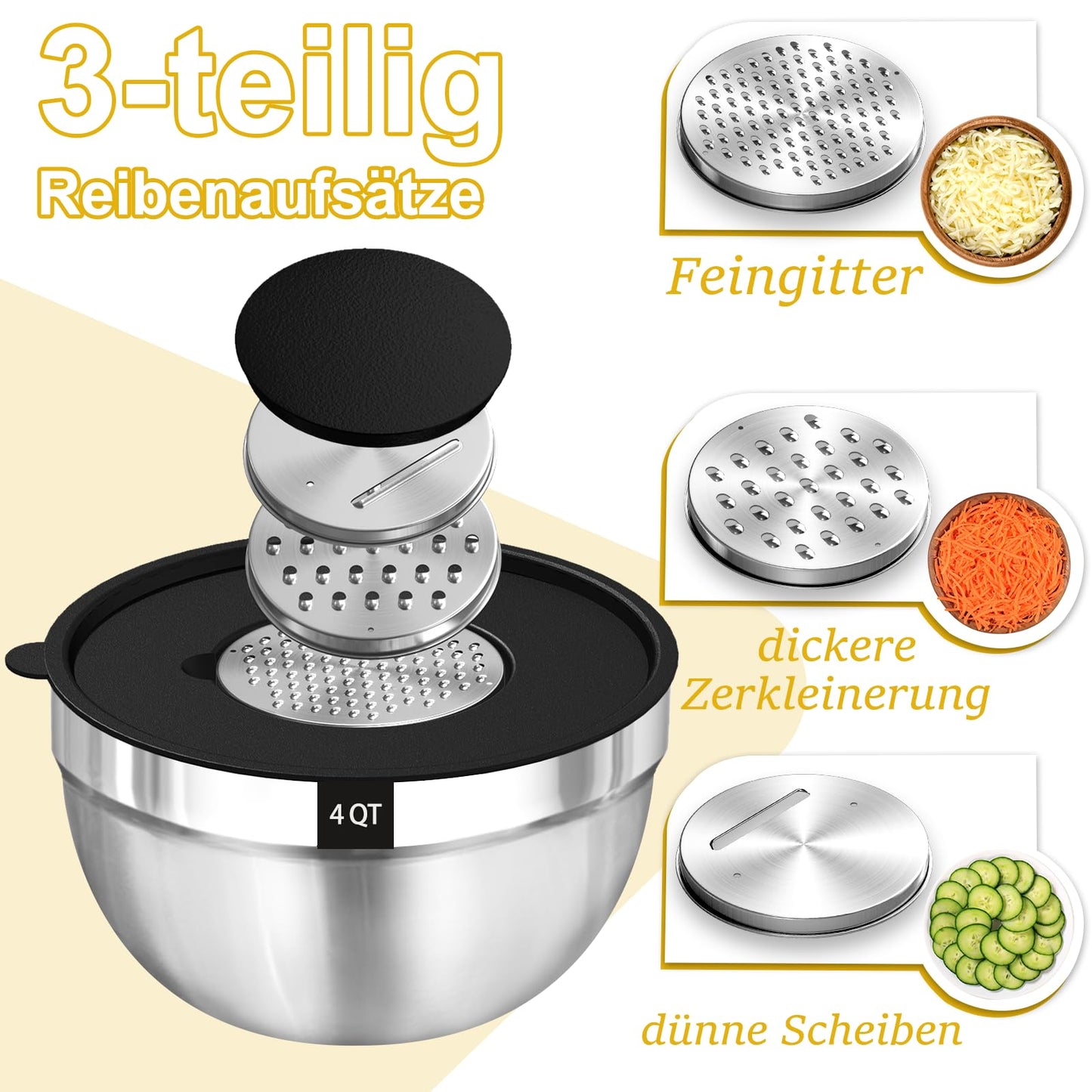 Terlulu Rührschüssel 5er Set, Edelstahl Schüssel Salatschüssel Set mit Luftdichtem Deckel, 3 Reibenaufsätzen, 4.5L,2.7L, 1.6L, 1.1L, 0.7L, Stapelbar & Spülmaschinenfest