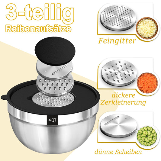 Terlulu Rührschüssel 5er Set, Edelstahl Schüssel Salatschüssel Set mit Luftdichtem Deckel, 3 Reibenaufsätzen, 4.5L,2.7L, 1.6L, 1.1L, 0.7L, Stapelbar & Spülmaschinenfest