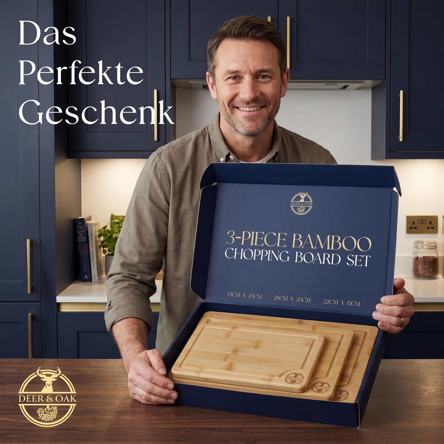 Deer & Oak Schneidebrett Holz Set 3-teiliges Vorgeölt Bambus Schneidebrett mit Griff & Saftrille, Küchenbrett, Schneidebretter Holz, Schneidbrett, Holzbrett Küche
