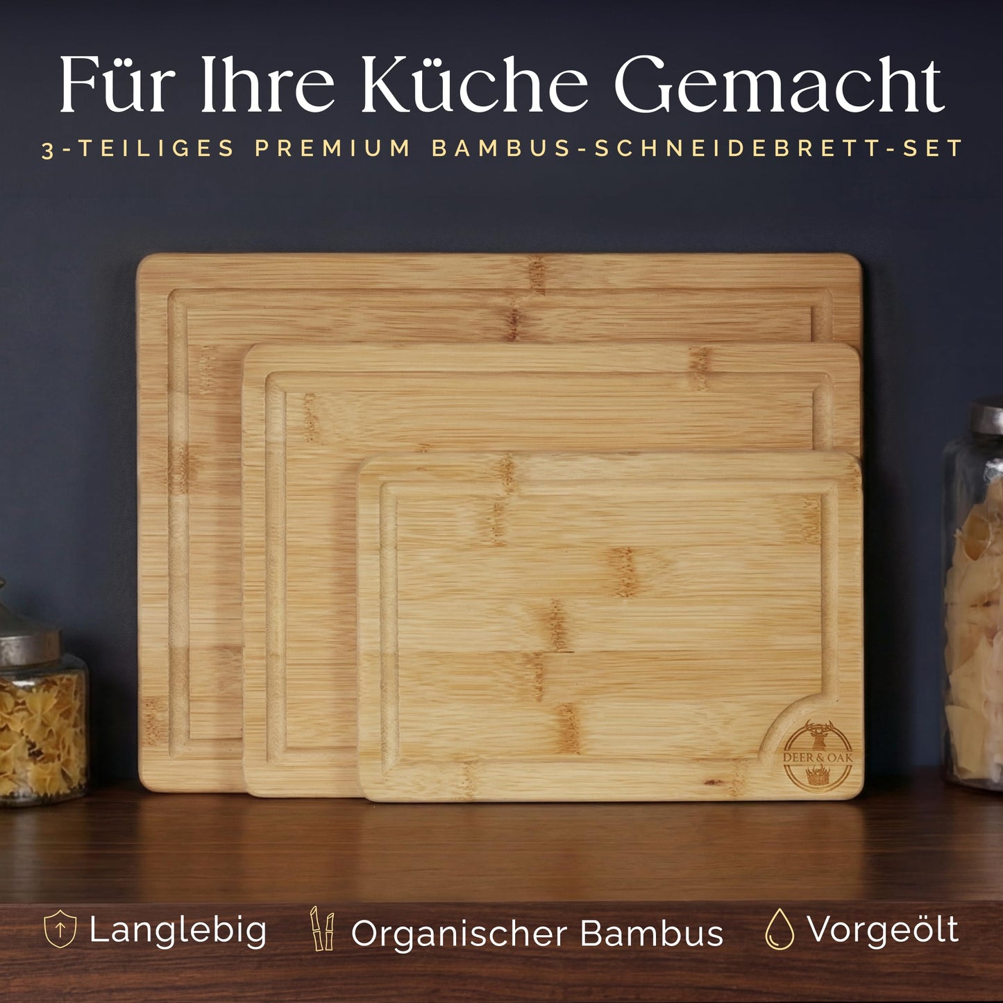 Deer & Oak Schneidebrett Holz Set 3-teiliges Vorgeölt Bambus Schneidebrett mit Griff & Saftrille, Küchenbrett, Schneidebretter Holz, Schneidbrett, Holzbrett Küche