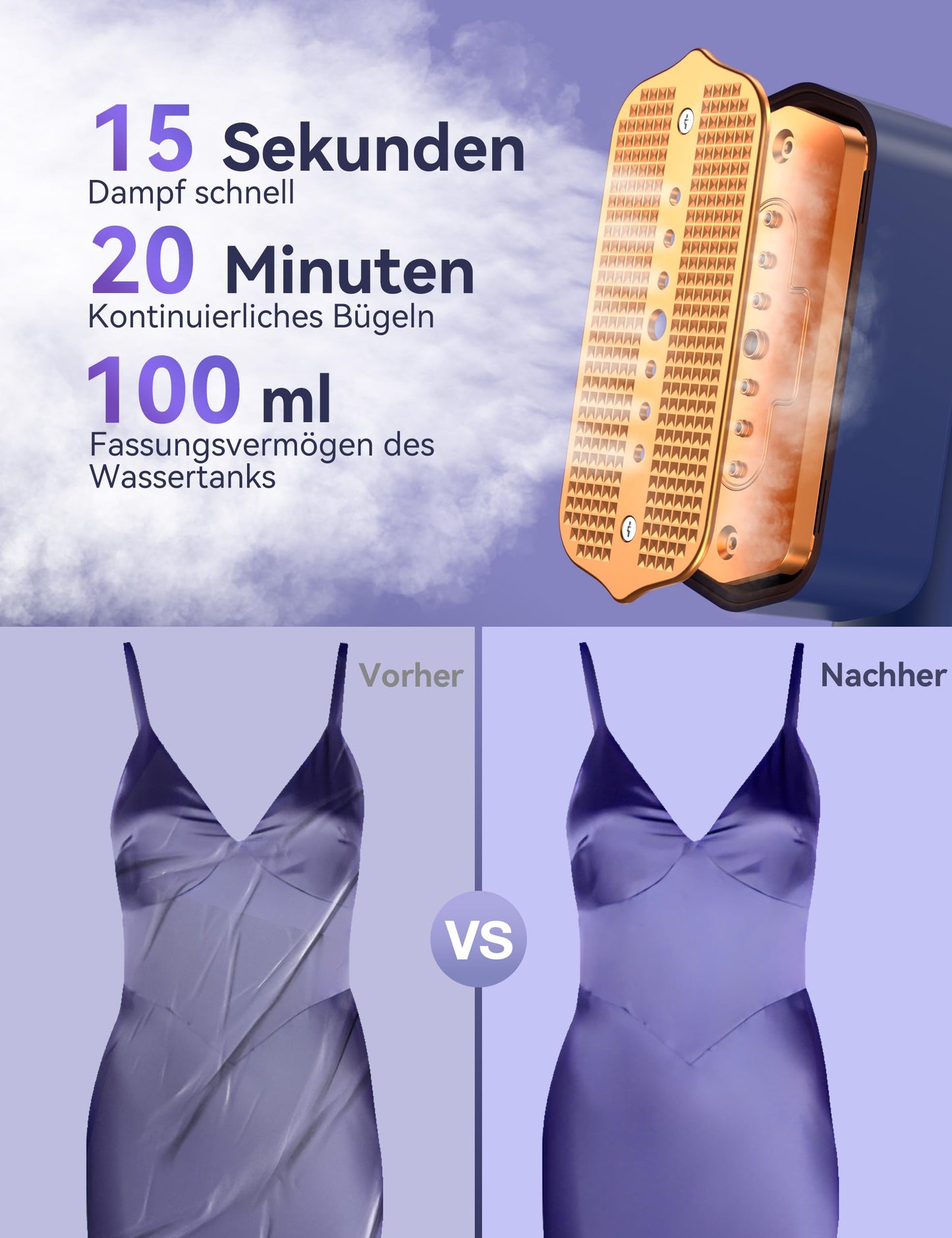 Dampfglätter, Steamer Reisebügeleisen mit Dampf, Faltenentferner, 15s schnelles Aufheizen, LED Display, 4 Dampfmodi, Blau