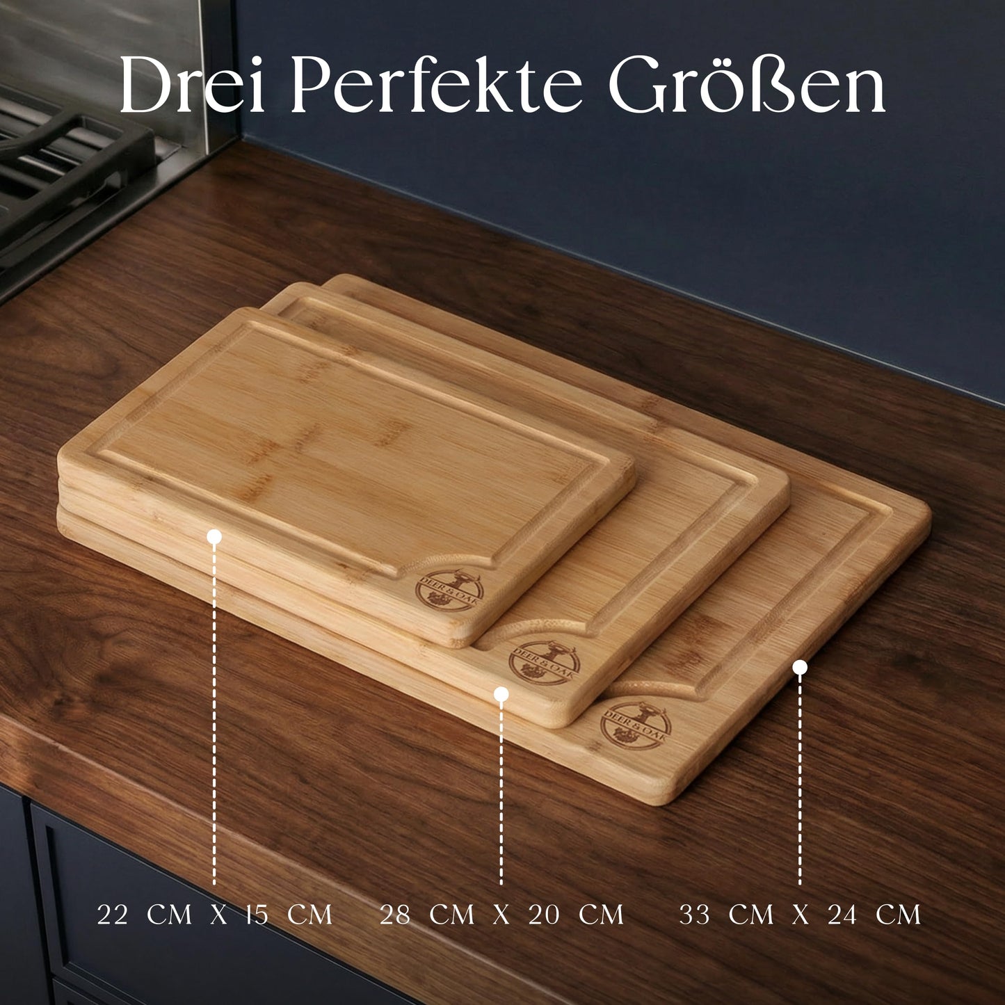 Deer & Oak Schneidebrett Holz Set 3-teiliges Vorgeölt Bambus Schneidebrett mit Griff & Saftrille, Küchenbrett, Schneidebretter Holz, Schneidbrett, Holzbrett Küche