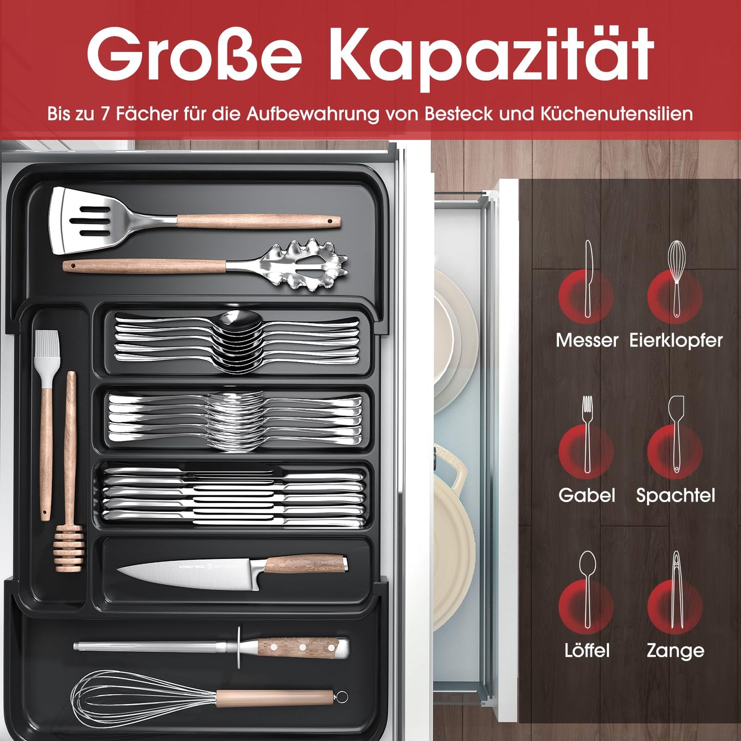 Aujen Besteckkasten für Schubladen -Abnehmbar Besteckeinsatz für Schubladen, Erweiterbar Praktischer Schubladeneinsatz, Effiziente und Vielseitiger Küchen Organizer, Schwarz, Mittel