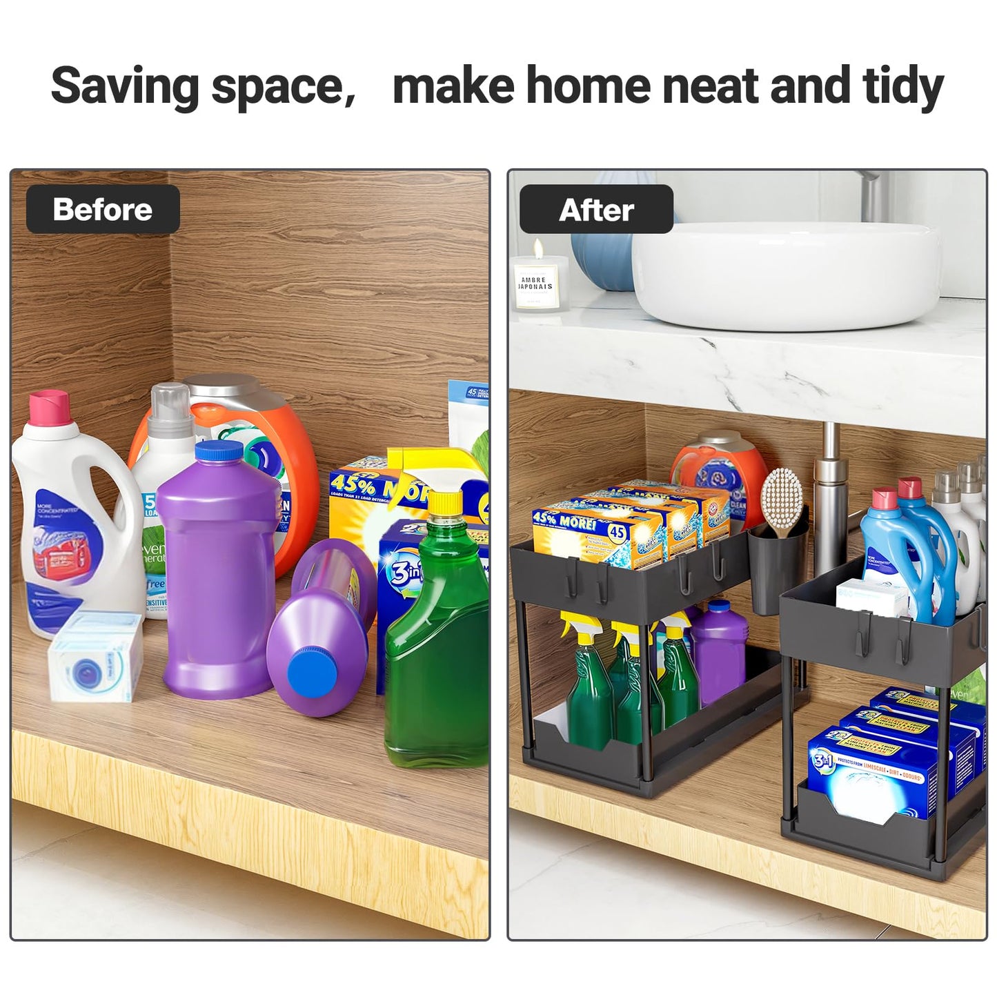 Puricon Unter Waschbecken Regal Spülschrank Organizer, 2 Etagen Standregal Küche Arbeitsplatte Regal Organizer, Mehrfunktional Küchenregal Gewürzregal Unterschrankregal Spülschrankregal -Schwarz