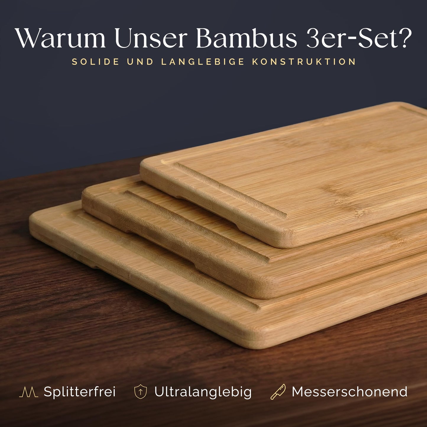 Deer & Oak Schneidebrett Holz Set 3-teiliges Vorgeölt Bambus Schneidebrett mit Griff & Saftrille, Küchenbrett, Schneidebretter Holz, Schneidbrett, Holzbrett Küche