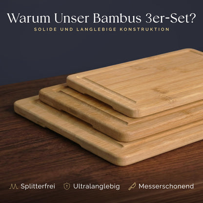 Deer & Oak Schneidebrett Holz Set 3-teiliges Vorgeölt Bambus Schneidebrett mit Griff & Saftrille, Küchenbrett, Schneidebretter Holz, Schneidbrett, Holzbrett Küche