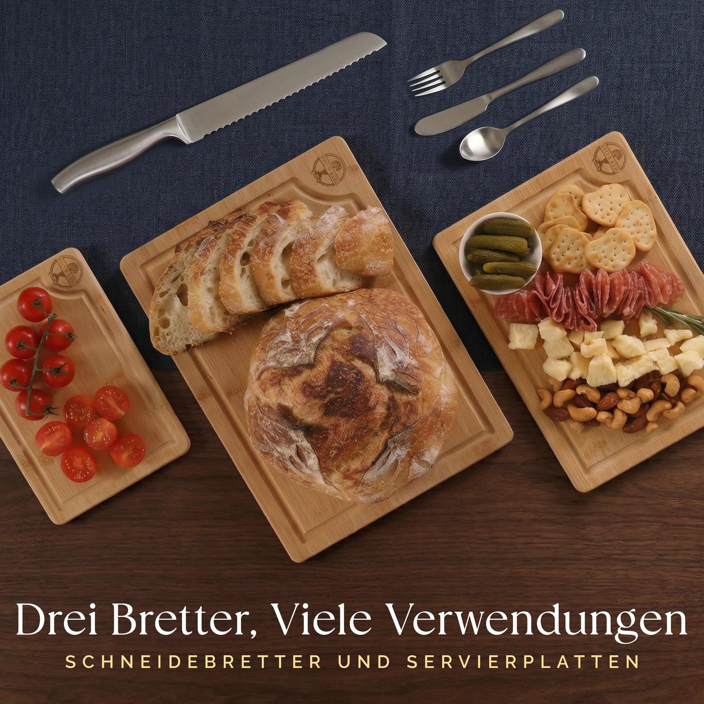 Deer & Oak Schneidebrett Holz Set 3-teiliges Vorgeölt Bambus Schneidebrett mit Griff & Saftrille, Küchenbrett, Schneidebretter Holz, Schneidbrett, Holzbrett Küche