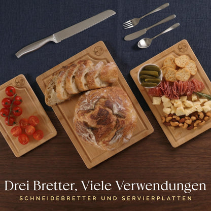 Deer & Oak Schneidebrett Holz Set 3-teiliges Vorgeölt Bambus Schneidebrett mit Griff & Saftrille, Küchenbrett, Schneidebretter Holz, Schneidbrett, Holzbrett Küche