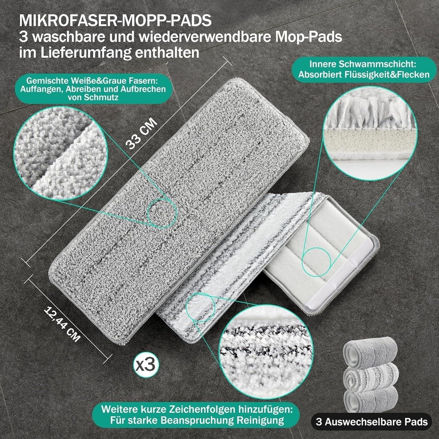 JOYMOOP Wischmopp und Eimer mit Auswringer-Set, freihändiger Flacher Bodenwischer und Eimer, mit 3 waschbaren Mikrofaser-Pads, Nass- und Trockengebrauch, Bodenreinigungssystem