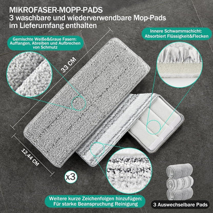 JOYMOOP Wischmopp und Eimer mit Auswringer-Set, freihändiger Flacher Bodenwischer und Eimer, mit 3 waschbaren Mikrofaser-Pads, Nass- und Trockengebrauch, Bodenreinigungssystem